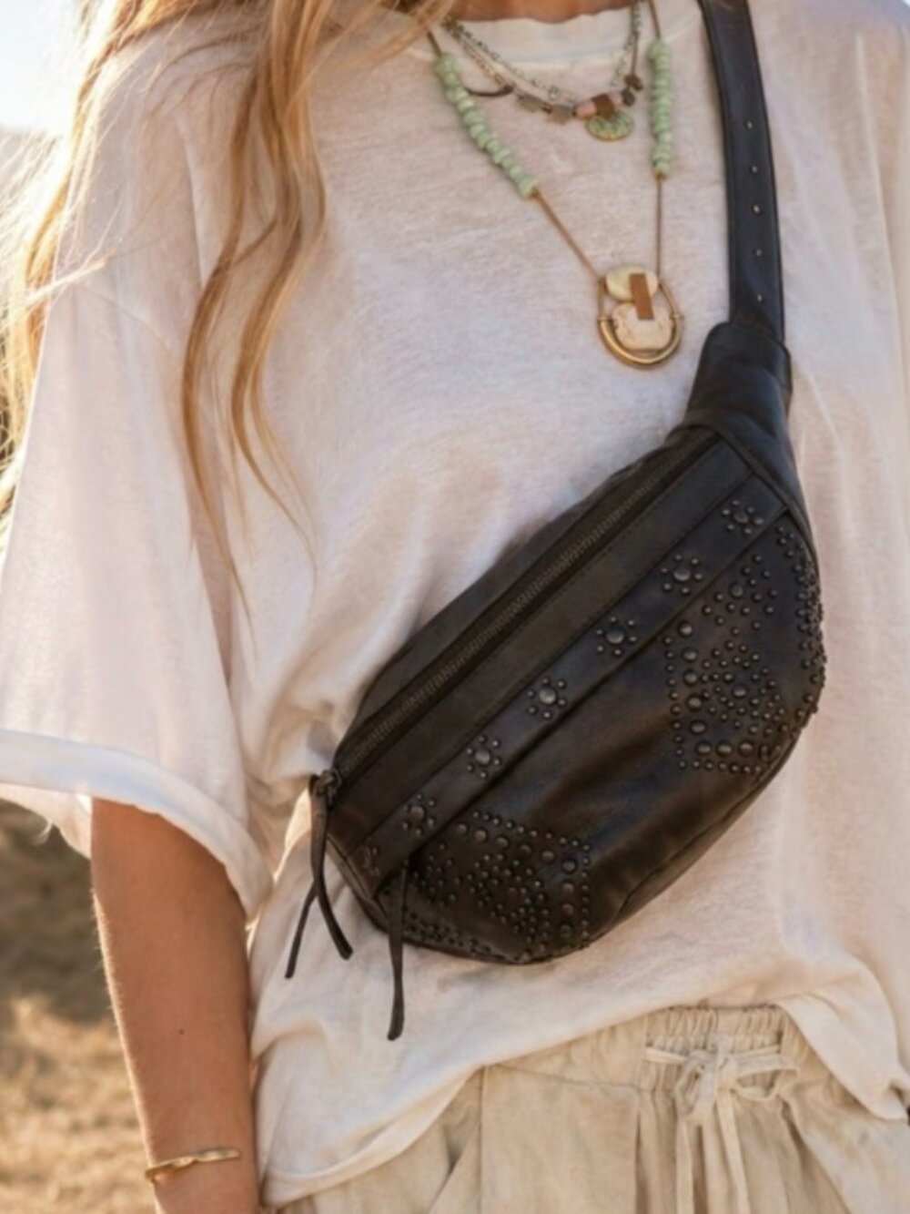 Free People Black Studded Leather Belt Bag Fanny Pack Shoulder Bag NWT